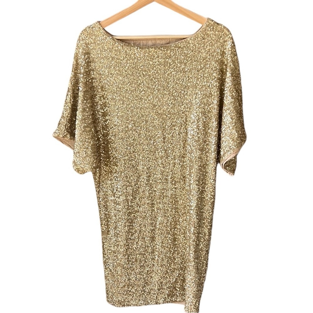 Venus Sz L Allover Gold Mini Sequin Dolman Sleeve Mini Dress Back Cutout Holiday
